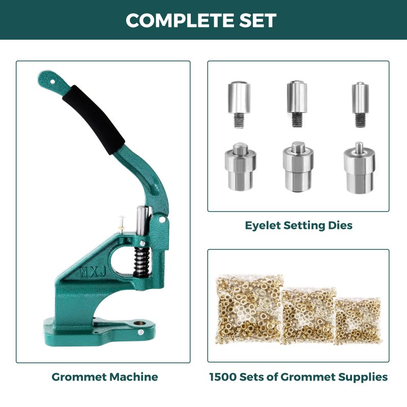 BEAMNOVA Grommet Tool Kit Hand Press Eyelet Setter Machine 1/4, 3/8, 1/2 Inch (6, 10, 12 mm) Setting Dies, 1500 Golden Grommets - Image 2